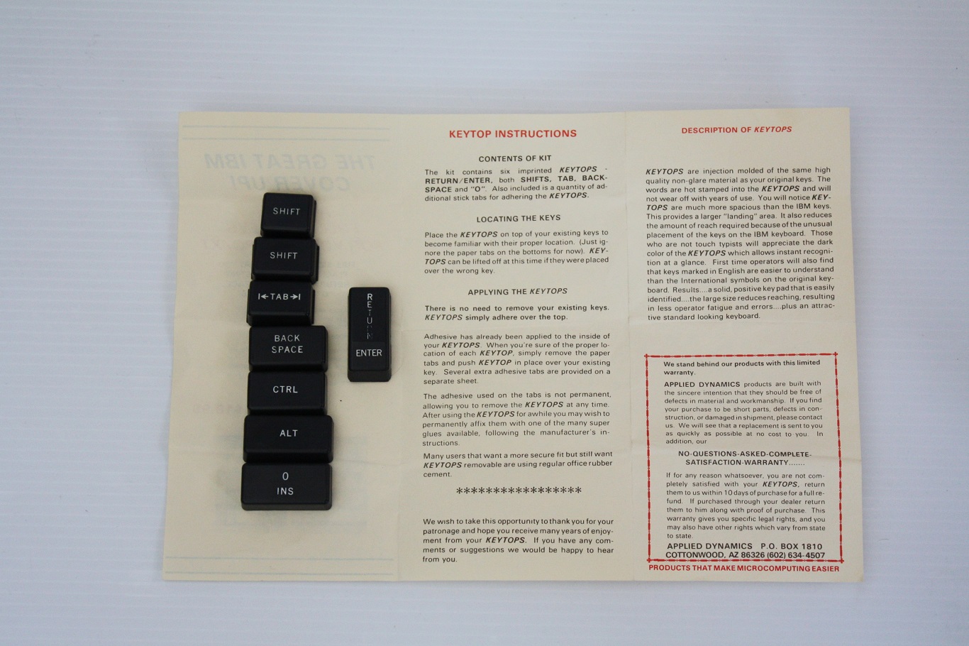 IBM PC Applied Dynamics key tops - documentation back