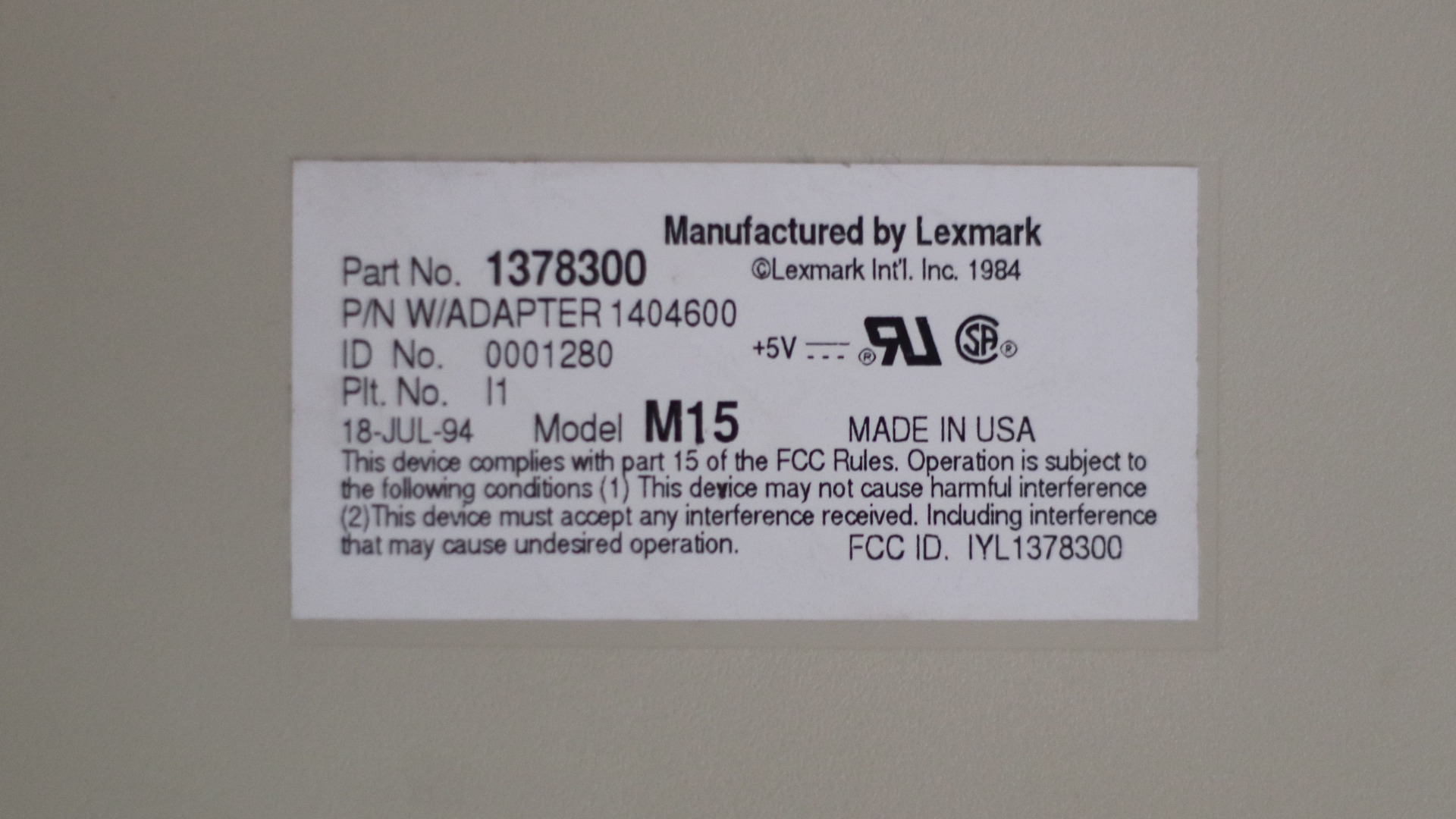 M15 LKexmark 1378300 0001280 1994-07-18