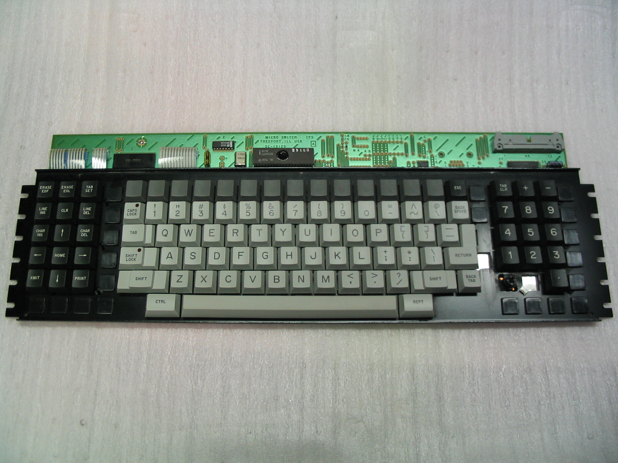 The keys are all shades of gray, no exact black, in real life. Here is a general pic, if you click on it/magnify you can better see the coppery-colored actuator and the empty switch position that would normally be covered by the double-width "0" key.